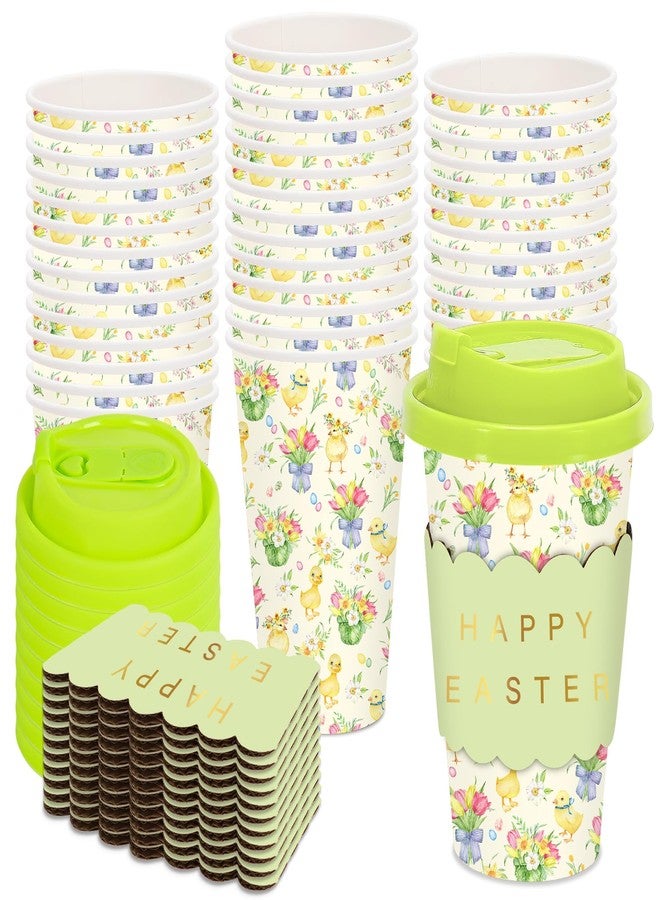 JarThenaAMCS 50 Set Easter Disposable Coffee Cups with Lids Gold Foil Sleeves Paper Cup Green Yellow Chick Duck Floral Drinking Cups for Easter Spring Party Supplies - Image 1